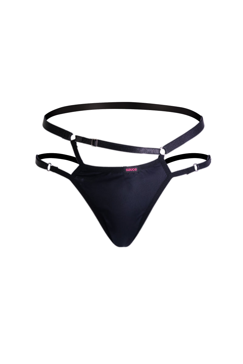 Black thong with straps on a white background